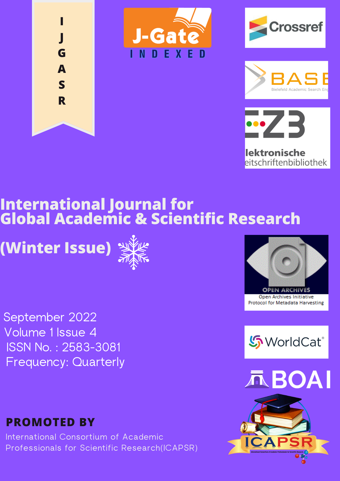					View Vol. 1 No. 4 (2022): International Journal For Global Academic & Scientific Research (Winter Season)
				