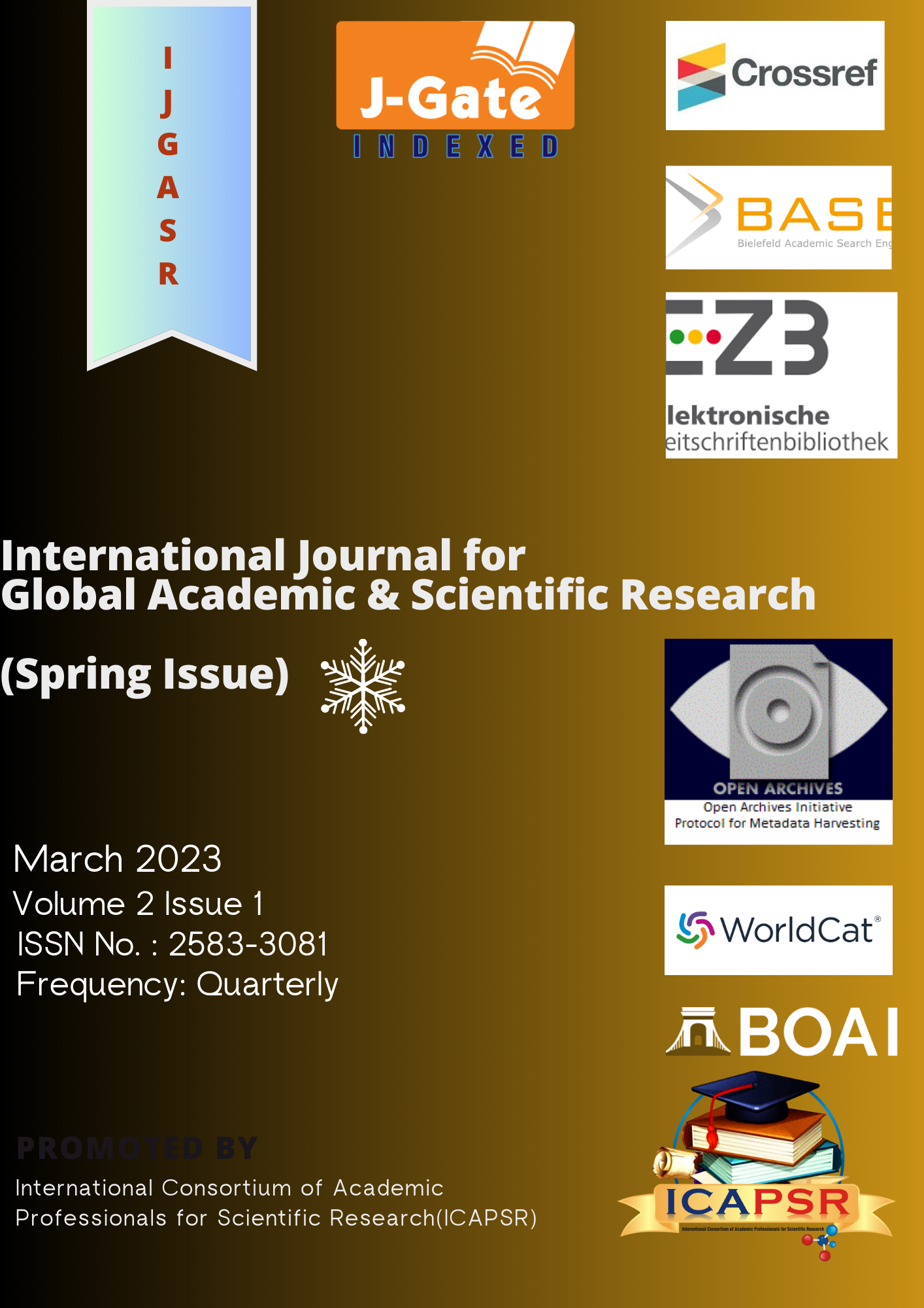 					View Vol. 2 No. 1 (2023): International Journal for Global Academic & Scientific Research (Spring Season)
				